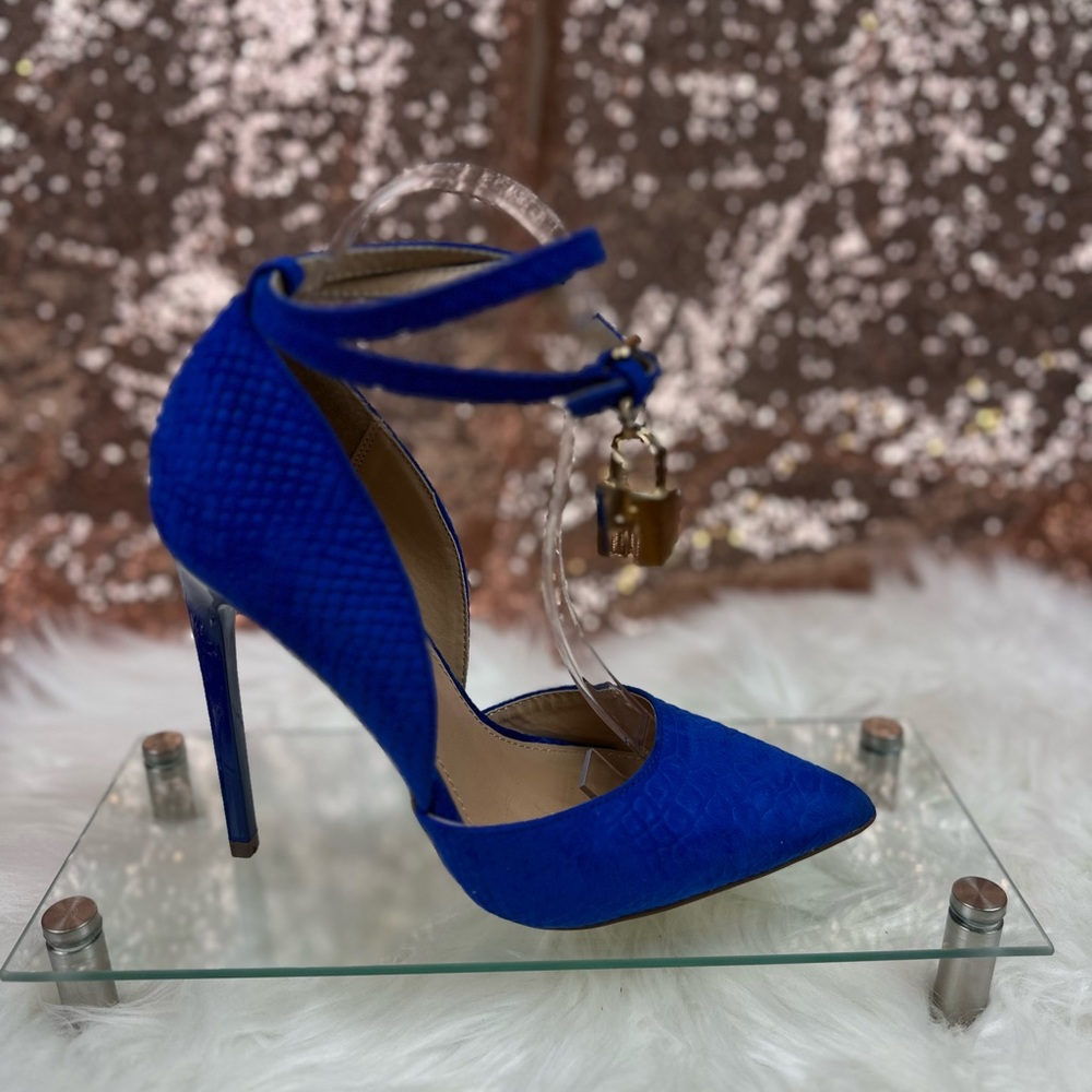 Just Fab Blue Suede Animal Print Heels, Size 7